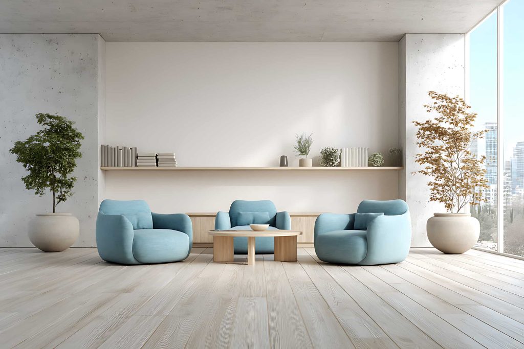 3 ronde eenzitsbanken rond een ovale tafel