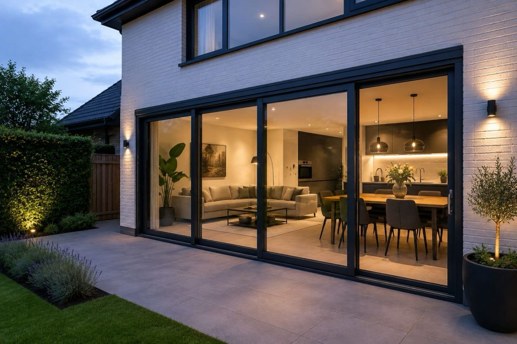 Moderne energiezuinige woning met kunststof schuifpui en grote glaspartijen